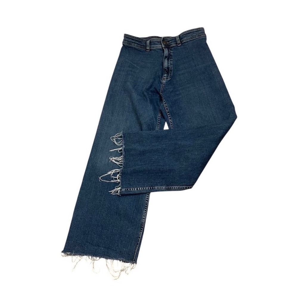 Zara Jeans Women Size 12 Blue High Waisted Wide Leg Raw Hem Denim Trousers